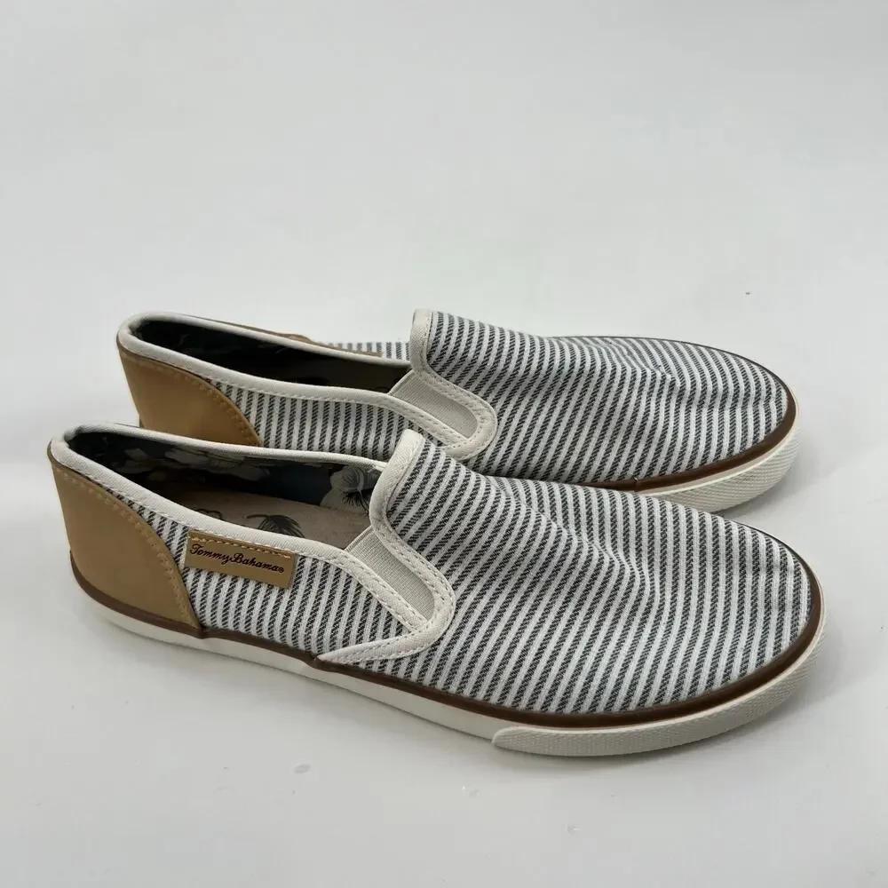 Tommy Bahama Shoes women’s 9.5 Sailor Slip On Gray White Stripe Canvas Casual